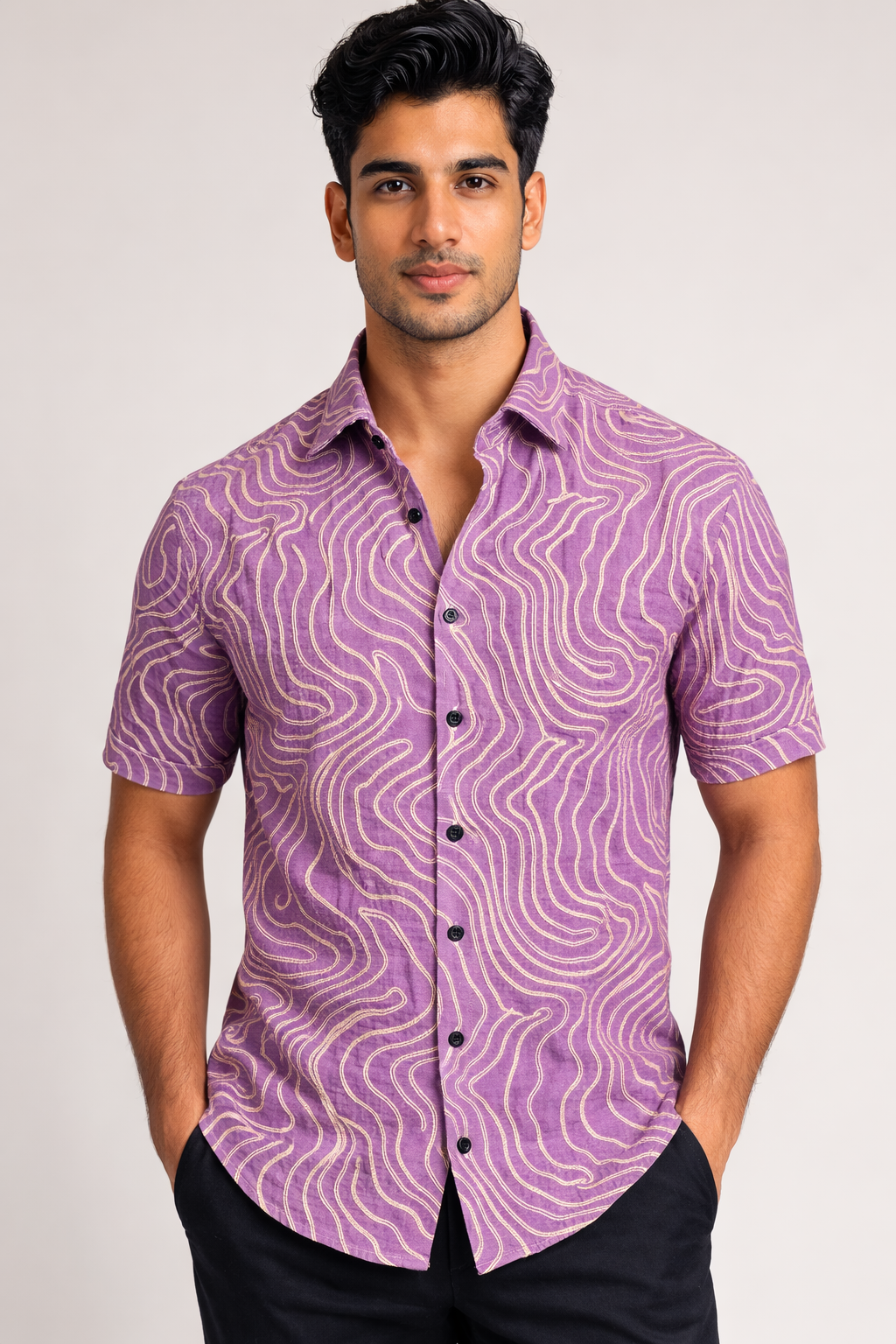 Men Premium Lavender Abstract embroidery Casual Shirt