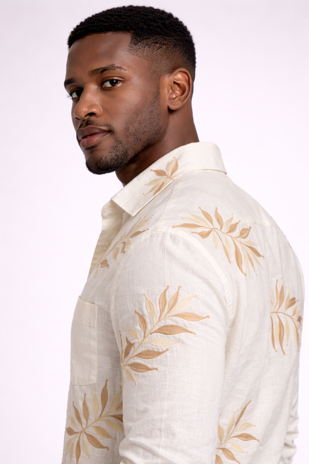 Men Premium Off-White Botanical embrodidery Cotton Casual Shirt