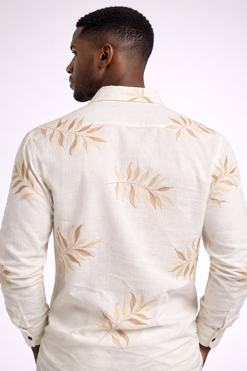 Men Premium Off-White Botanical embrodidery Cotton Casual Shirt