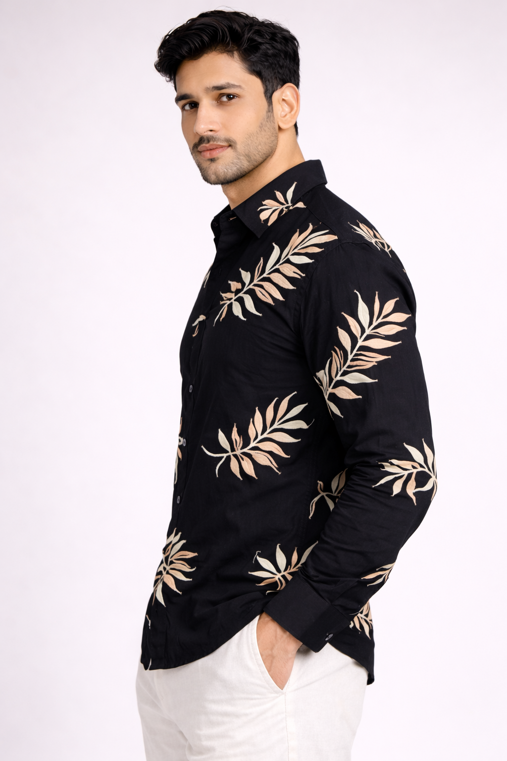 Men’s Black Premium Leaf embroidery Party Shirt