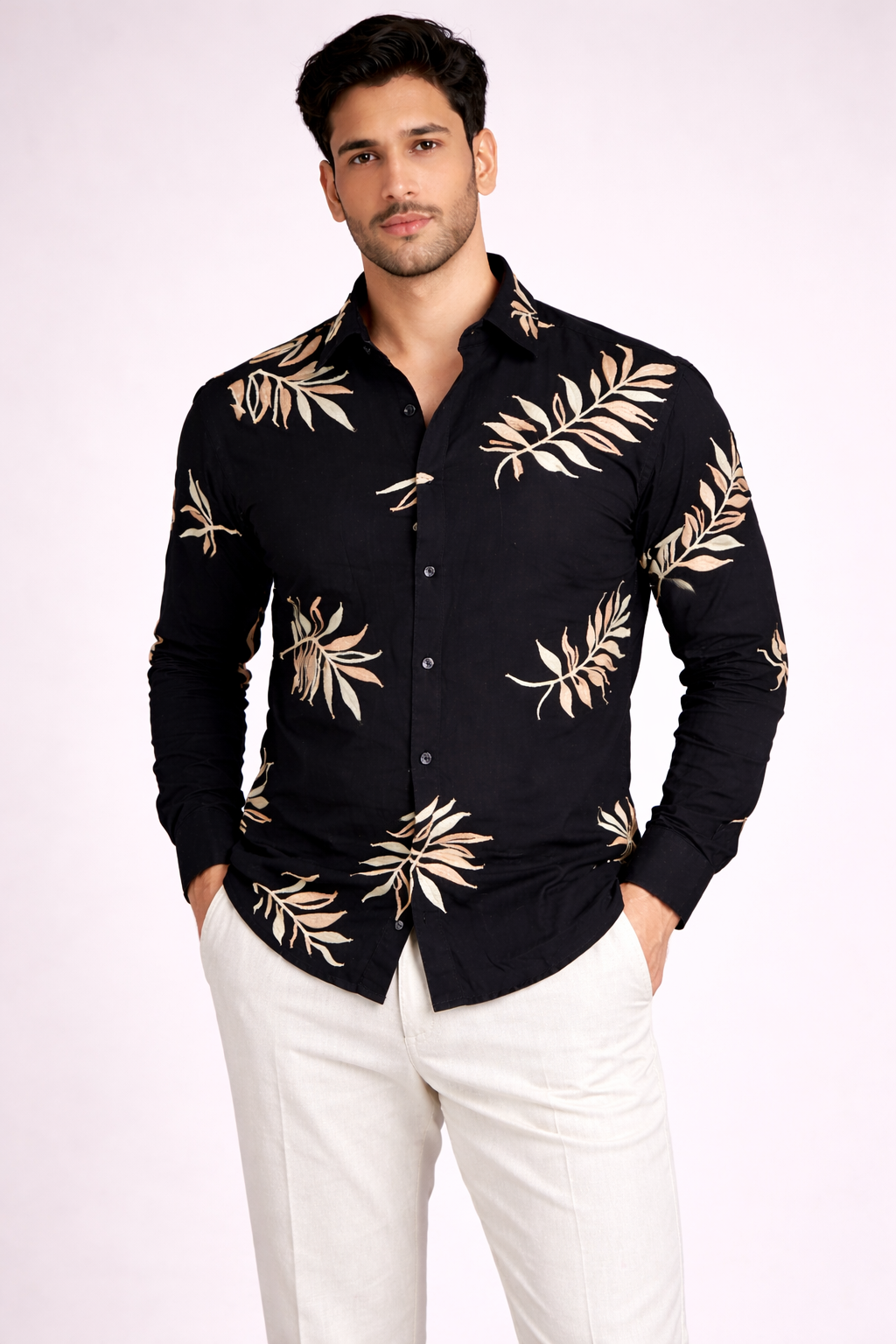 Men’s Black Premium Leaf embroidery Party Shirt
