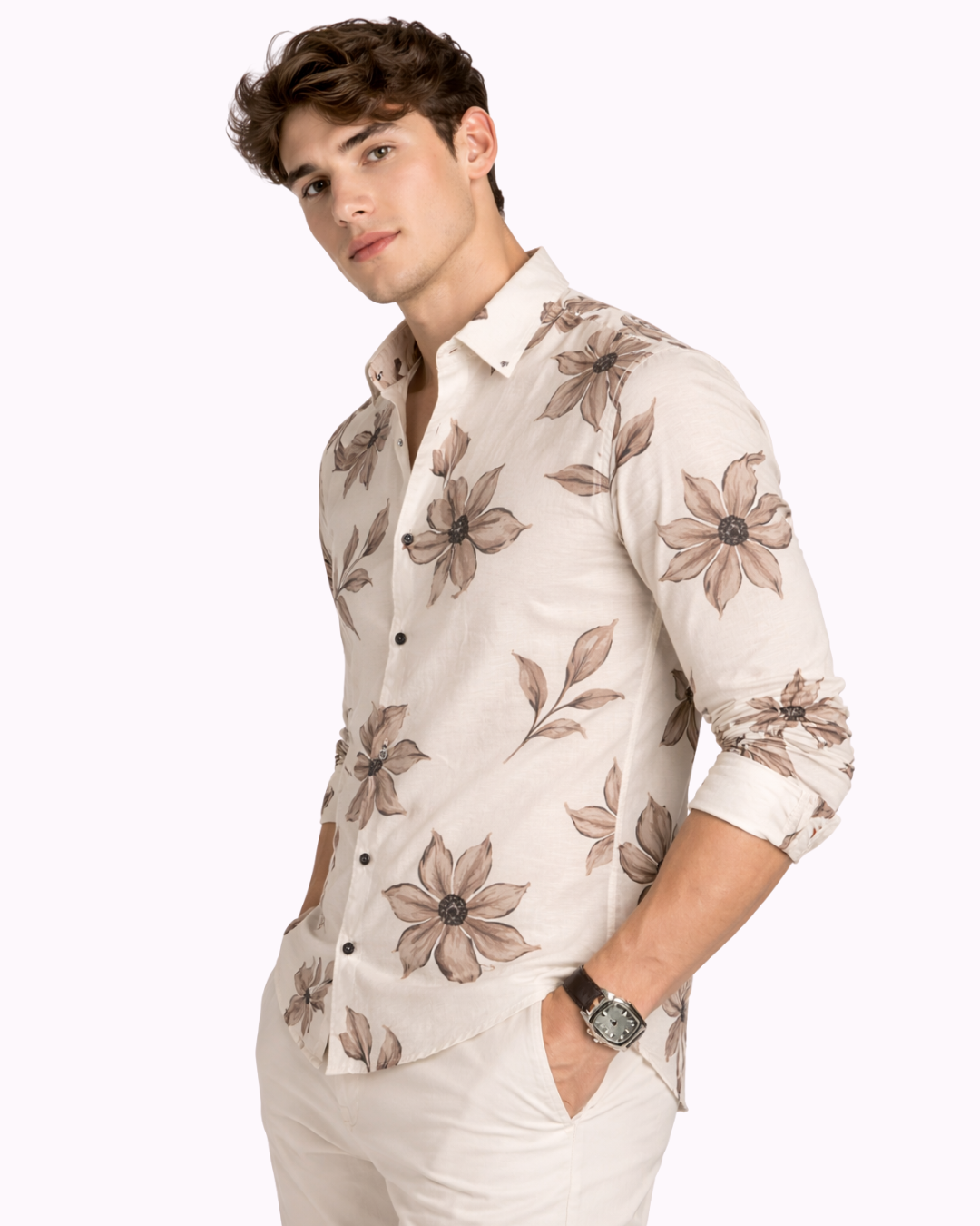 Men’s Beige Floral Print Premium Shirt