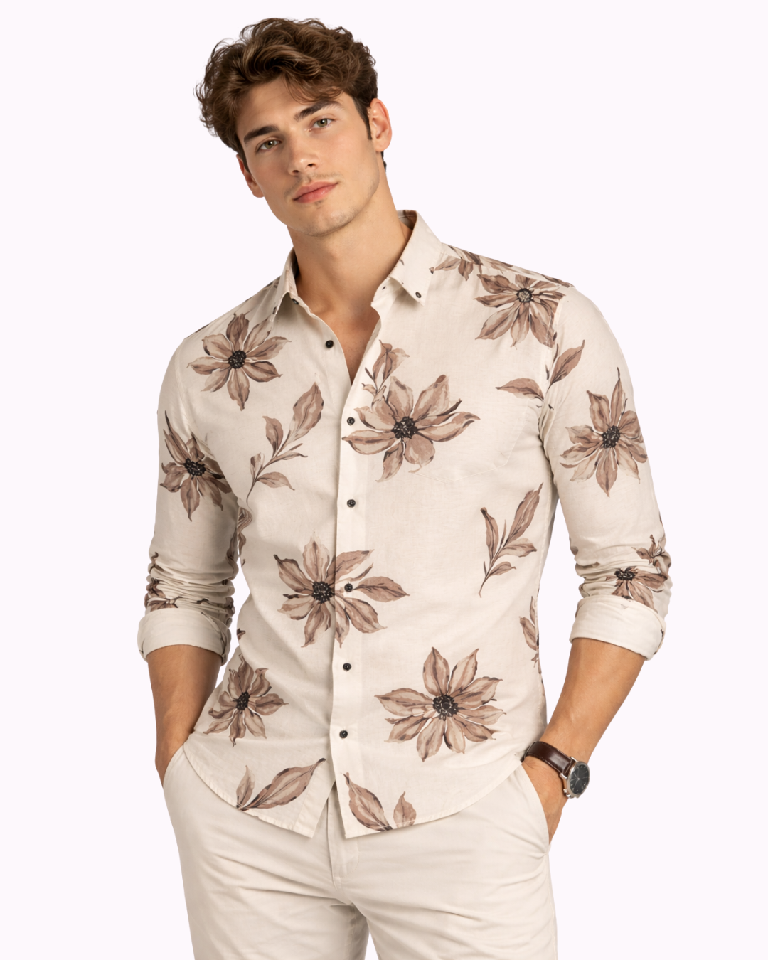 Men’s Beige Floral Print Premium Shirt