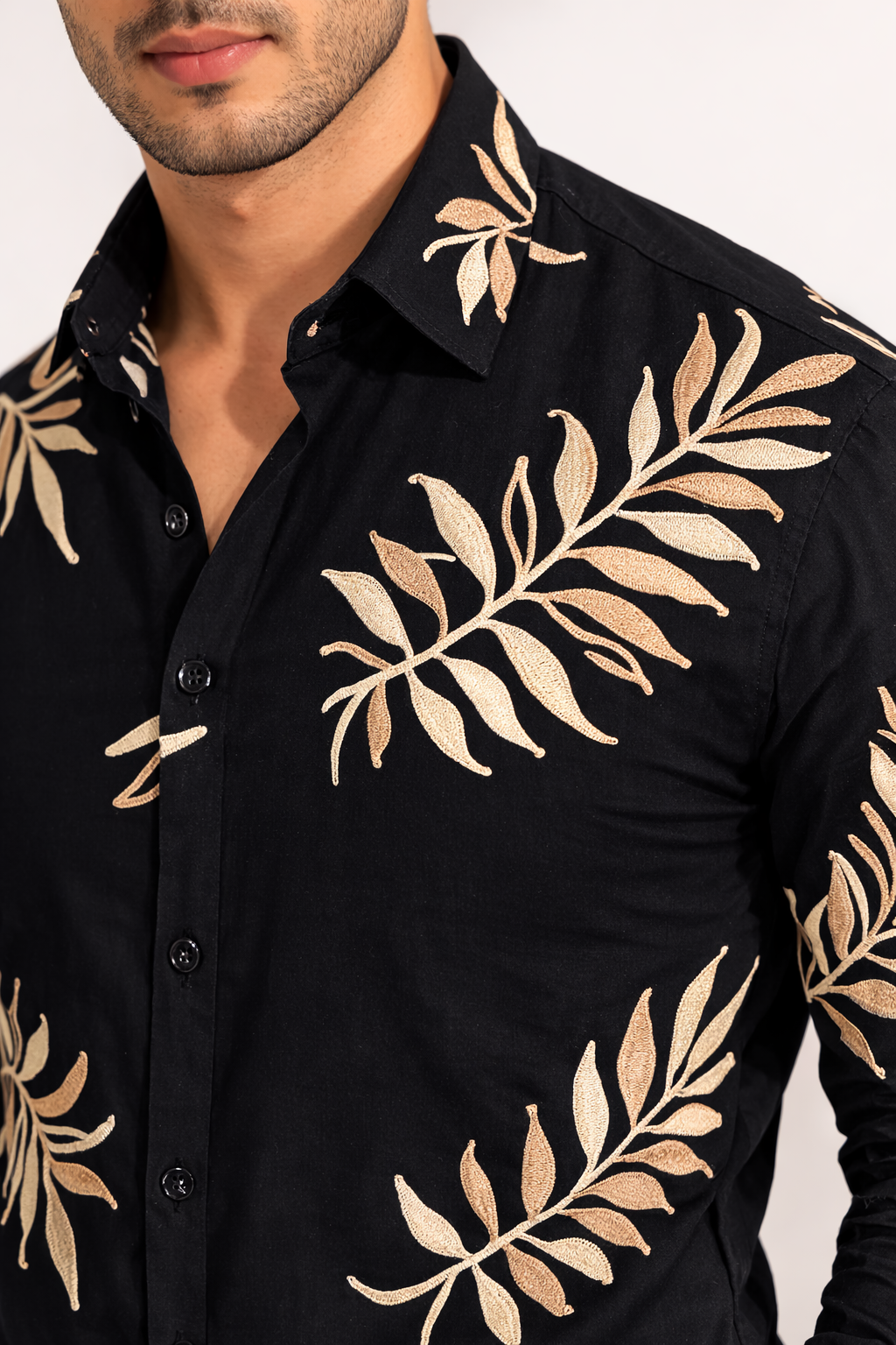 Men’s Black Premium Leaf embroidery Party Shirt