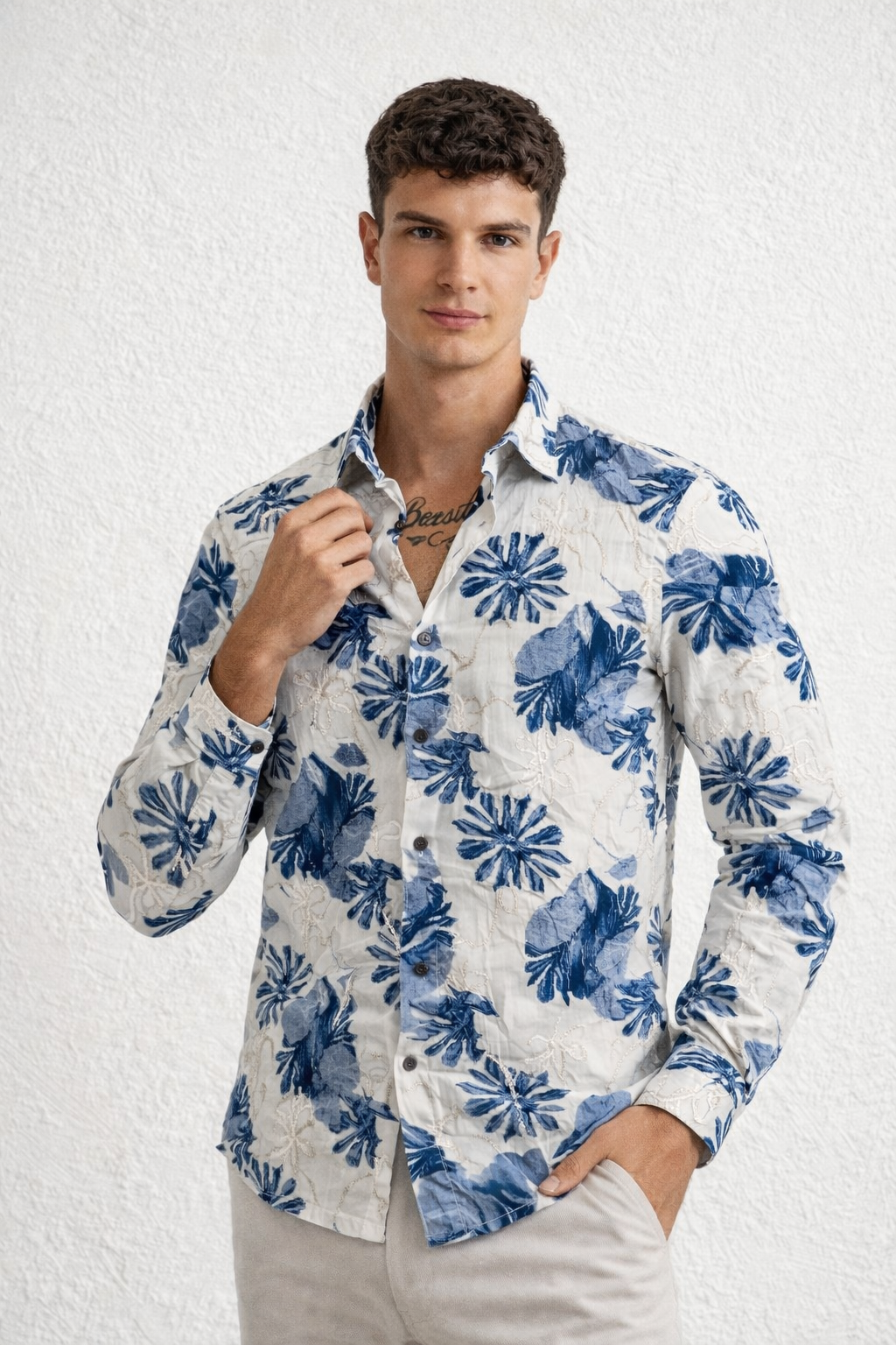 Blue floral print white embroidery Shirt