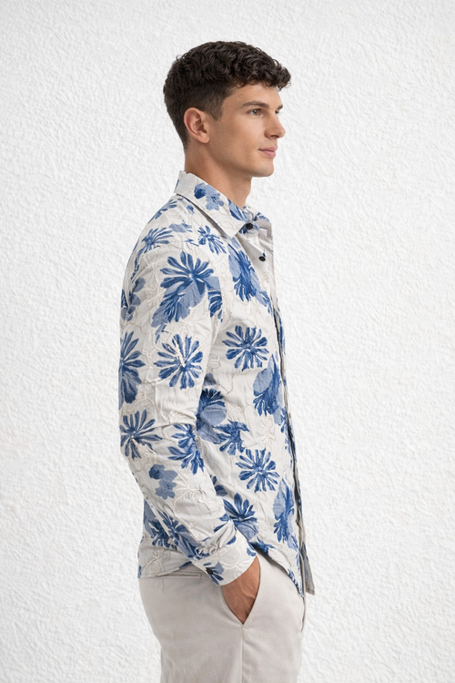Blue floral print white embroidery Shirt