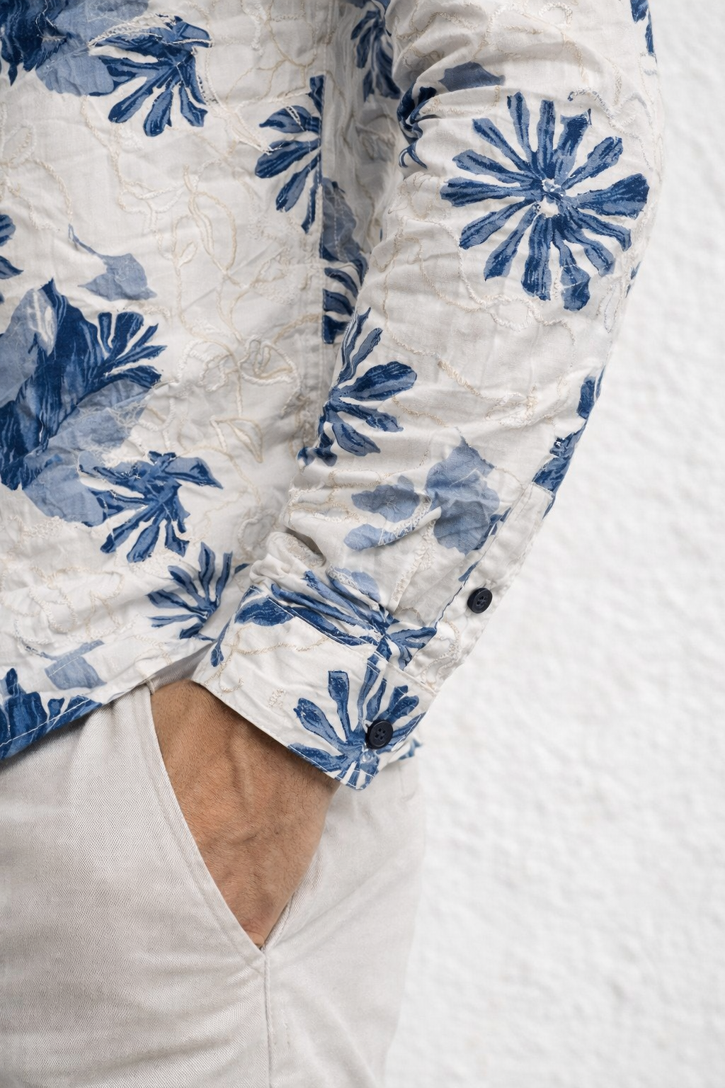 Blue floral print white embroidery Shirt