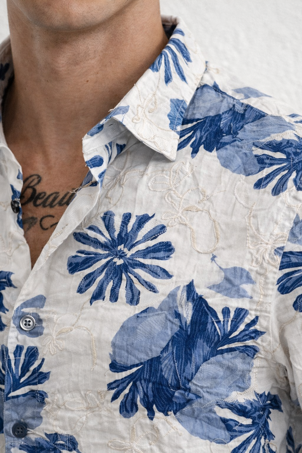 Blue floral print white embroidery Shirt