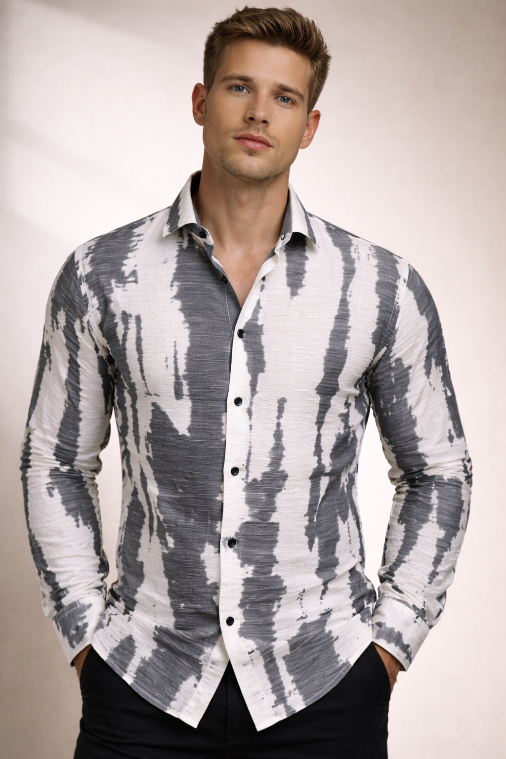 Men’s Designer Grey & White Printed Casual Shirt