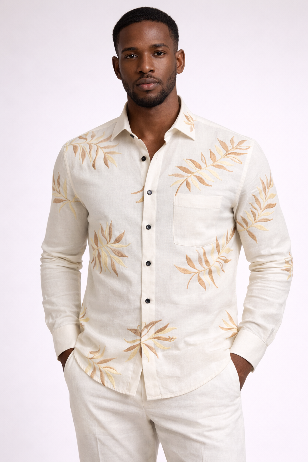 Men Premium Off-White Botanical embrodidery Cotton Casual Shirt
